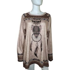 Women’s 3D Owl Print Boho Western Oversized Beige Long Sleeve Top